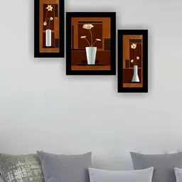 SAF Brown & White 3 Pieces Flower Pot Modern Wall Art Painting-image-87