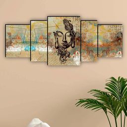 SAF Beige-Coloured & Black 5 Pieces Lord Buddha Waterproof Framed Wall Art-7