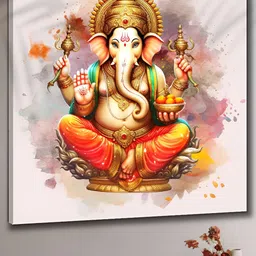 Aura Orange & Green Lord Ganesha Wooden Religious Wall Painting-image-48