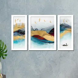 WENS 3 Pieces White & Blue Nordic Abstract Framed Wall Art-2