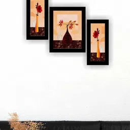 SAF Brown & Orange 3 Pieces Flower Pot Modern Wall Art Painting-image-91