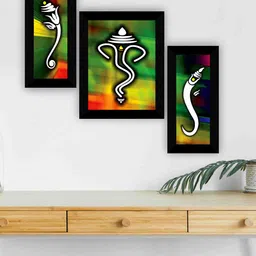 SAF 3 Pcs Green & Yellow Ganesha Painting Wall Art-image-4