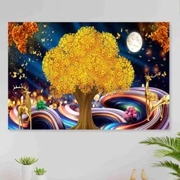 SAF Yellow & Navy Blue Nature Art Sparkle Coated Unframed Painting Wall Art-image-40
