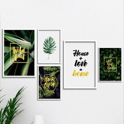 SAF White & Black 5-Pieces Tropical Leaves Printed Framed UV Coating Wall Art-picture-48