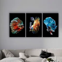 SAF Black & Blue 3 Pieces Fish Matte Finish Wall Art-57