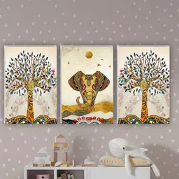 SAF Beige & Yellow 3 Pieces Traditional Elephant Painting Waterproof Wall Arts-10