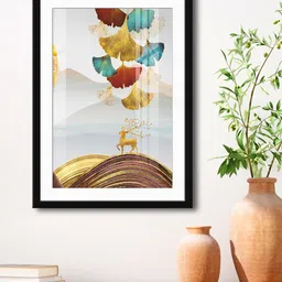 999Store White & Yellow Deer With Flowers Painting Printed Framed Wall Art-56