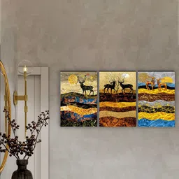 SAF Blue & Black 3 Pieces Deer Painting Wall Arts-28