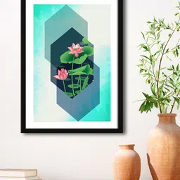 999Store Green & Black Lotus Flower With Green Leaf With Abstract Painting Framed Wall Art-23