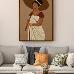 999Store Floating Frame Brown Sunrise Kerala Lady Traditional Painting Framed Wall Art-image-3