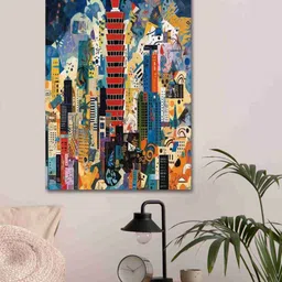 SAF Blue & Red Abstract City Printed Unframed Canvas Wall Art-30