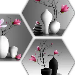 PnF Black & Pink 3 Piece Synthetic Wooden Floral and Botanical Wall Paintings-image-90