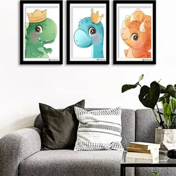WENS Set Of 3 Multicoloured Cute Dino Gang Wall Art Paintings-43
