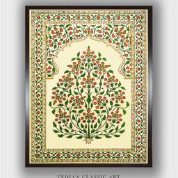 INDIAN CLASSIC ART Cream-Colored & Green Vintage Pichwai Framed Painting Wall Art-picture-1