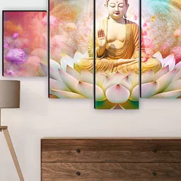 SAF Pink & Yellow 5 Pieces Wooden Buddha Wall Arts-48