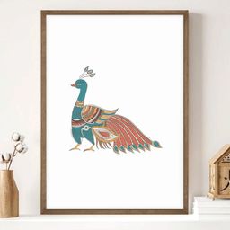 INDIAN CLASSIC ART White & Brown Kalamkari Peacock Painting Canvas Wall Art-image-97