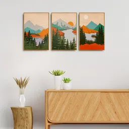999Store Set Of 3 Green & Blue Mountain Landscape Painting Wall Art-picture-35