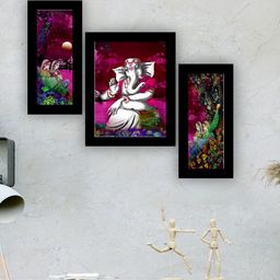 SAF Purple & Green 3 Pieces Lord Ganesha And Peacock Painting UV Coating Wall Arts-image-81