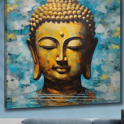 SAF Blue & Beige Wooden Framed Lord Buddha Canvas Painting Wall Art-image-4