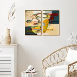 999Store Set Of 2 Yellow & Brown Printed Abstract Painting Wall Art-36