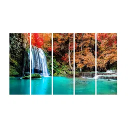 999Store Blue 5 Pieces Jungle View With Waterfall And Tree MDF Wall Painting Set image 2