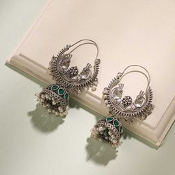 Priyaasi German Silver Silver-Plated Stones Studded & Beads Beaded Jhumkas Earrings-10