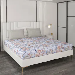 Monte Carlo Blue & Brown Floral Printed 200 TC Queen Cotton Bedsheet With 2 Pillow Covers-image-90