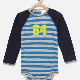 Eimoie Infant Girls Grey Melange & Blue Striped Pure Cotton Bodysuit-image-60