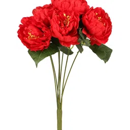 TIED RIBBONS Red & Green Decorative Artificial Peony Flower Bunch-20