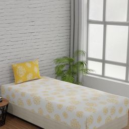 Huesland White & Yellow Floral Printed 144 TC Cotton Single Bedsheet with 2 Pillow Covers-image-90