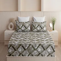 HOMEMONDE Green & White Printed Cotton 210 TC Fitted Single Bedsheet with 1 Pillow Cover-image-87