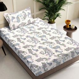 FABINALIV Blue & White Ethnic Motifs  Printed 300 TC Single Bedsheet With 1 Pillow Cover-image-102