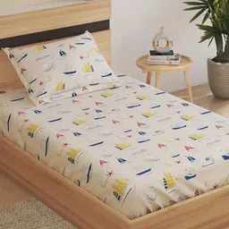 Home Centre Slate Beige & Blue Printed Cotton 150 TC Single Bedsheet With Pillow Covers-image-20