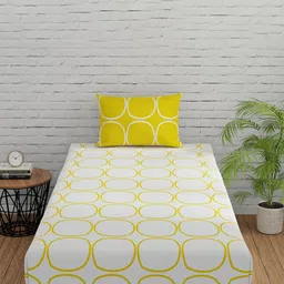 Huesland White & Yellow Printed 144 TC Cotton Fitted Single Bedsheet & 2 Pillow Covers-image-7