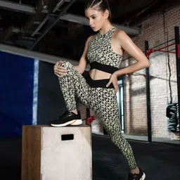 Reebok Black & Green Lightly Padded Abstract Printed Styled Back Bra-25