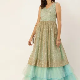 Ethnovog Women Turquoise BlueGolden Embellished Made To Measure Fit and Flare Dress-picture-55