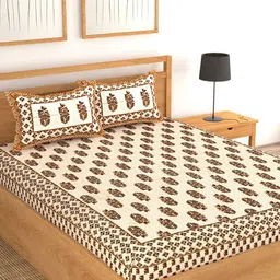 Lali Prints White & Brown Ethnic Motifs Cotton 130 TC Queen Bedsheet with 2 Pillow Covers-image-77