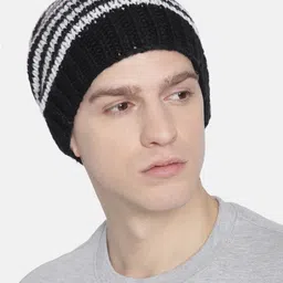 Magic Needles Men Black & White Woollen Handknitted Striped Beanie-image-47