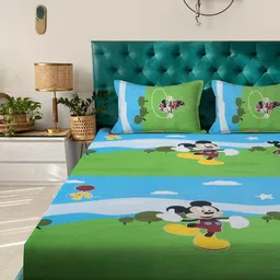 KLOTTHE Green & Blue Printed Pure Cotton Fitted 400 TC King Bedsheet With 2 Pillow Covers-13
