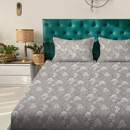 KLOTTHE Grey Floral Printed Pure Cotton Fitted 400 TC King Bedsheet With 2 Pillow Covers-image-63