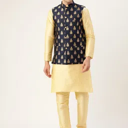 SOJANYA Men Golden & Navy Blue Solid Kurta with Churidar & Nehru Jacket-picture-40