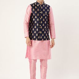 SOJANYA Men Pink & Navy Blue Solid Kurta & Churidar with Woven Design Nehru Jacket-14