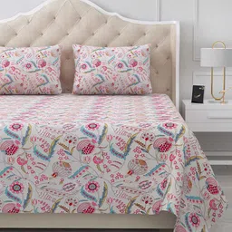 BELLA CASA Beige & Pink Floral 180 TC Pure Cotton Flat King Bedsheet With 2 Pillow Covers-image-43
