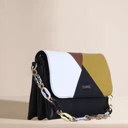 Exotic Black Women Black Colourblocked PU Structured Sling Bag-6