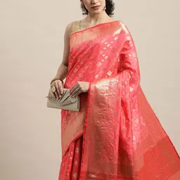 Saree Swarg Pink & Gold-Toned Ethnic Motifs Zari Silk Blend Banarasi Sarees-picture-58