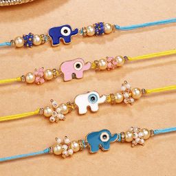 KARATCART Set Of 4 Elephant Design Kundan Thread Rakhi for Brother with Roli & Chawal-image-37