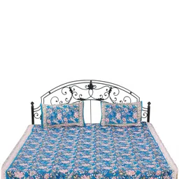 Exotic India Blue & Pink Floral Printed 300 TC Cotton Queen Bedsheet with 2 Pillow Covers-image-92