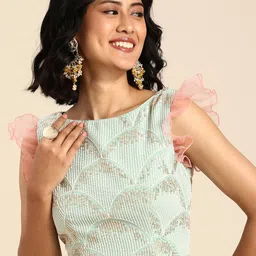 Ethnovog Embroidered Boat Neck Flutter Sleeves Sequinned Saree Blouse-picture-16