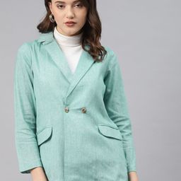 Cottinfab Women Blue Cotton Solid Slim Fit Double Breasted Blazer-picture-36