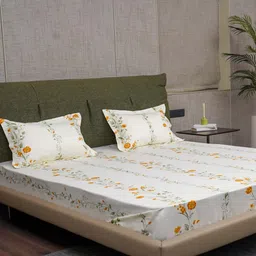 URBAN SPACE White & Yellow Floral Cotton Fitted 200 TC King Bedsheet With 2 Pillow Covers-84